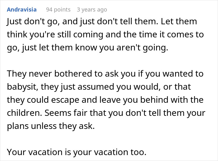 Comment text discussing a woman finding out the only reason she&rsquo;s invited to family holiday is to babysit.