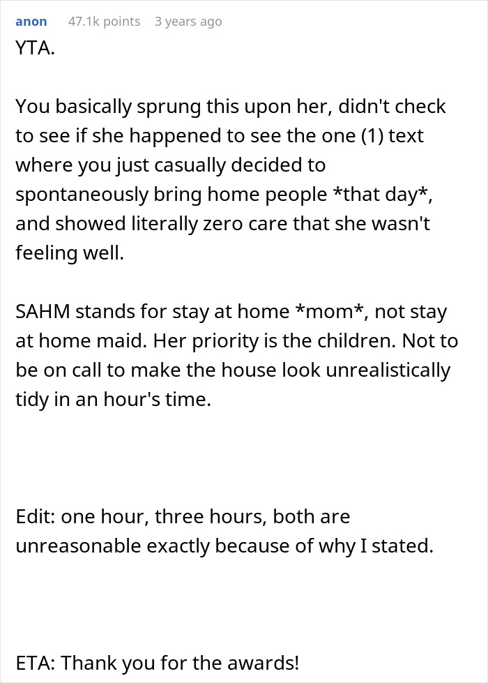 Text post discussing a husband blaming ill wife for messy home after bringing guests over unexpectedly.
