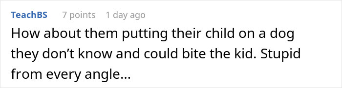 Comment highlighting concern about parents wanting their kids to ride a dog, discussing safety risks and tantrum behavior.