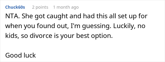 Comment discussing a wife who cheats on her husband and offers an unbelievable excuse involving mind control.