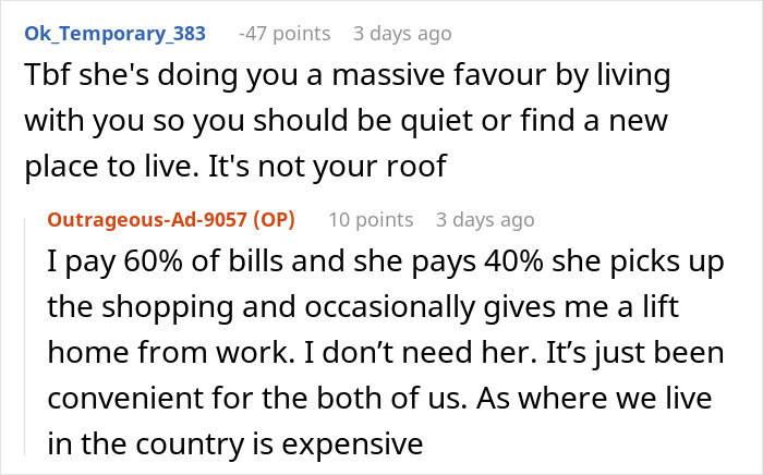 Screenshot of a Reddit conversation discussing living arrangements and bill payments between roommates or family members.