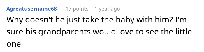 Comment text showing a discussion about a husband leaving moving responsibilities to his wife while he travels.