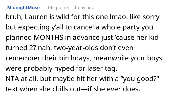 Screenshot of a Reddit comment about a friend wanting to cancel a kid&rsquo;s party to attend her kid&rsquo;s party.
