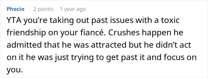 Comment discussing a toxic friendship and fianc&eacute;&rsquo;s admitted crush, trying to move past feelings and focus on the relationship.