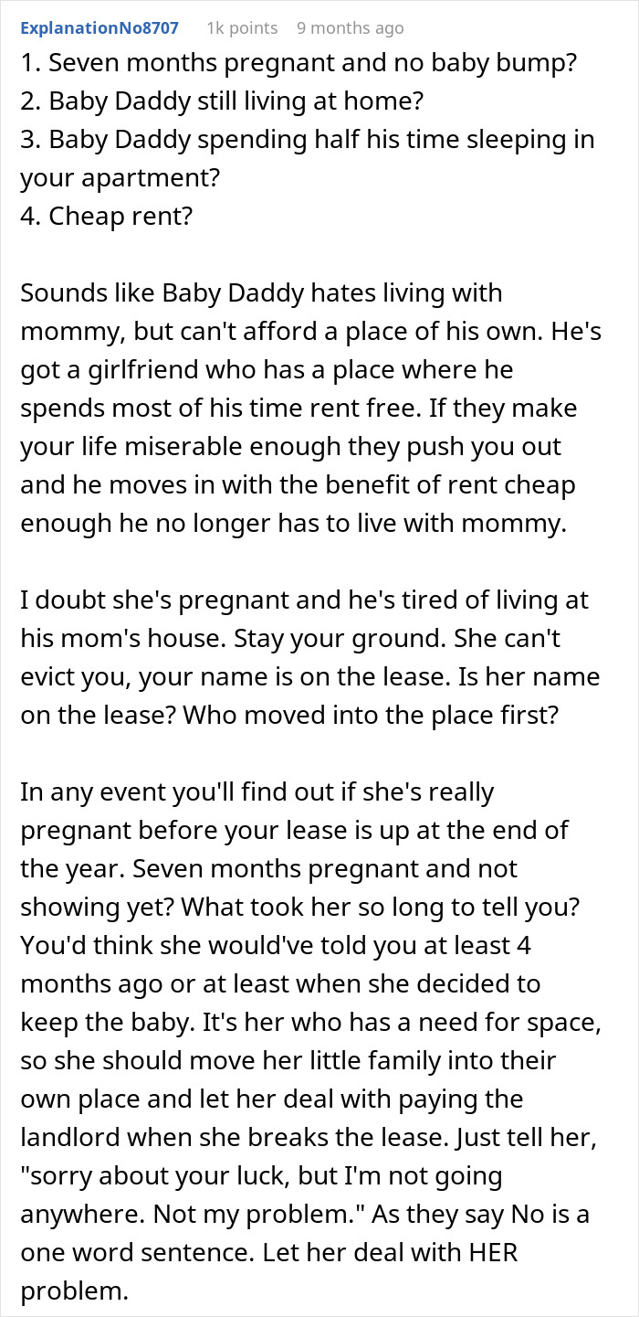 Text conversation excerpt discussing a woman standing her ground after roommate demands she move out for nursery space. Text conversation excerpt discussing a woman standing her ground after roommate demands she move out for nursery space.