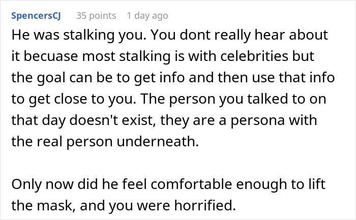 Comment explaining how a woman learns her boyfriend stalked her before meeting, revealing a disturbing truth behind their love story. Comment explaining how a woman learns her boyfriend stalked her before meeting, revealing a disturbing truth behind their love story.