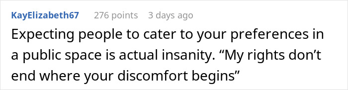 Screenshot of a social media comment about an entitled lady expecting a solo traveler to stop drinking alcohol.