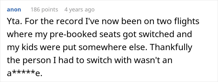 Comment on an online forum discussing not switching airplane seats with a mother and ignoring her children.