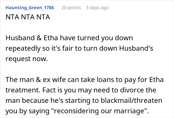 Reddit comment discussing a husband asking his wife to pay for her stepson’s surgery and her response to the request. Reddit comment discussing a husband asking his wife to pay for her stepson’s surgery and her response to the request.