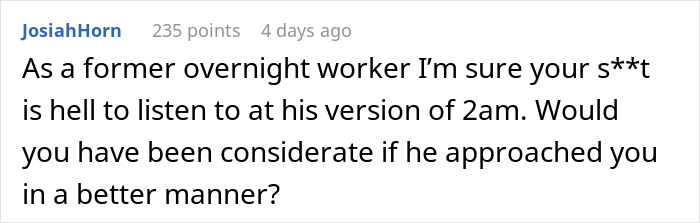 Comment discussing a noisy coffee grinder complaint from a neighbor and the importance of considerate communication at night.