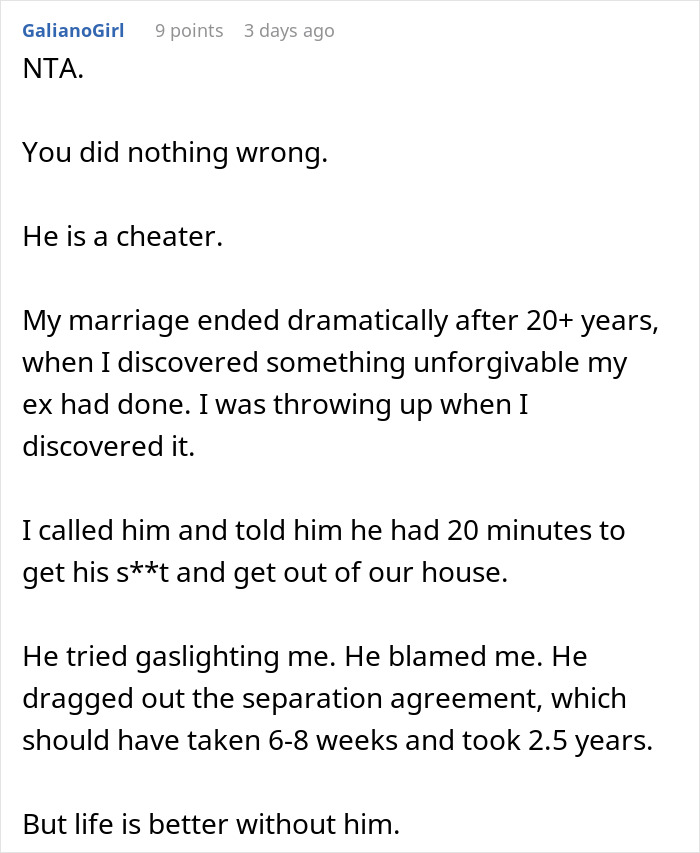 Comment from a user sharing their story about a cheating spouse and dealing with heartbreak after discovering infidelity.