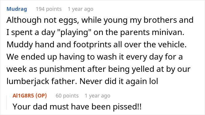 Comment discussing washing and waxing a car after it was covered in muddy hand and footprints as punishment.