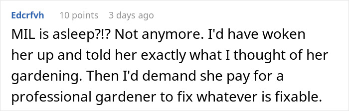 Text comment discussing MIL landscaping a garden without permission, expressing frustration and demanding gardener payment.