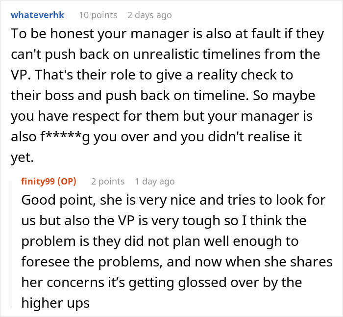 Screenshot of online discussion about employee overtime and management issues, highlighting challenges with unrealistic timelines.