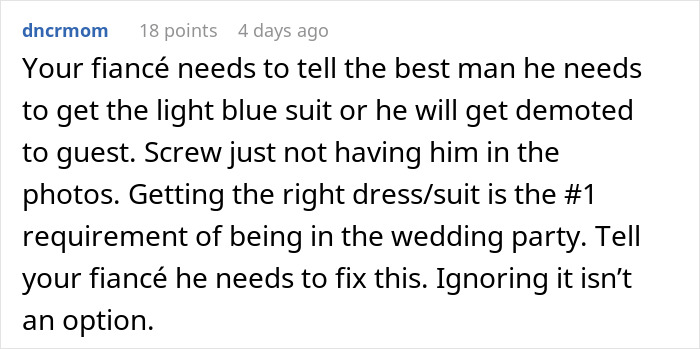 Comment about Bride wanting to exclude best man from photos due to his outfit, highlighting stereotypical American wedding expectations.