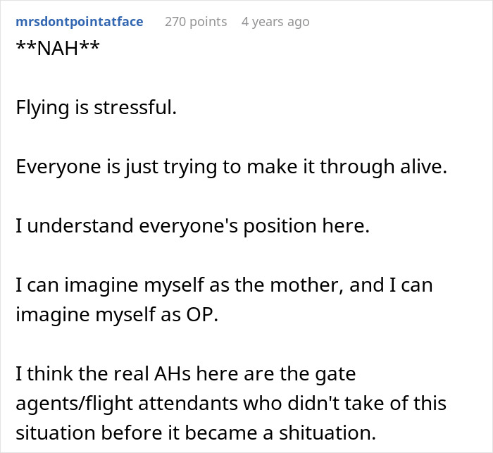Reddit comment discussing stress and perspectives in a situation about switching seats with a mother on an airplane.