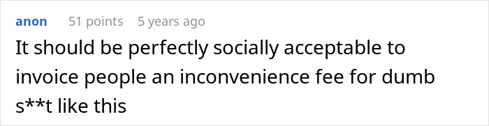 Comment text on a stark white background discussing socially acceptable inconvenience fees, related to woman listed emergency contact refusing to pick up kid.