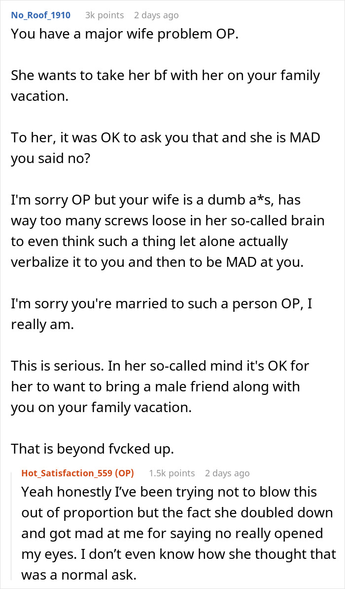 Reddit comments discussing refusing to let wife&rsquo;s work husband come on family vacation and related relationship issues.