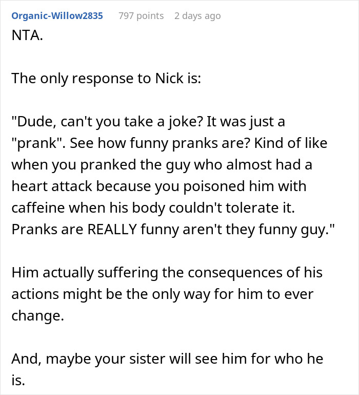 Text post on social media discussing a man pulling a harmless prank on his girlfriend&rsquo;s sister and her revenge.
