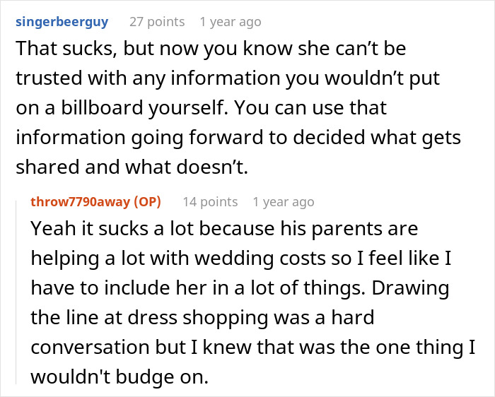 Reddit conversation showing a woman devastated as MIL&rsquo;s loud comments ruin the magic of her wedding dress surprise.