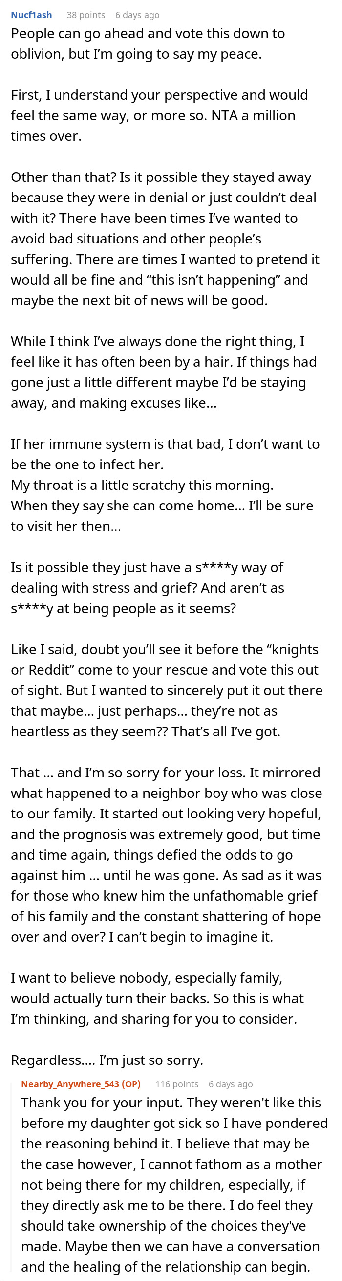 Comment discussing woman cutting contact with in-laws who didn&rsquo;t visit their dying granddaughter and family grief reactions.