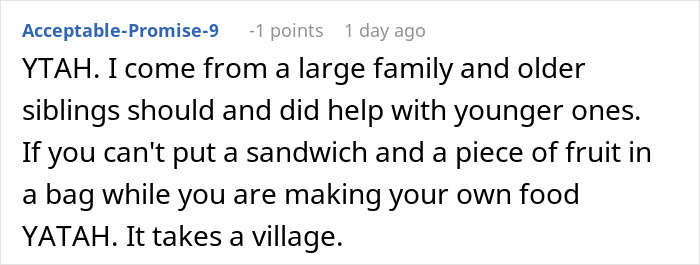 Comment about older sibling making lunch only for themselves, reflecting mom guilt-trips and family responsibility discussion.