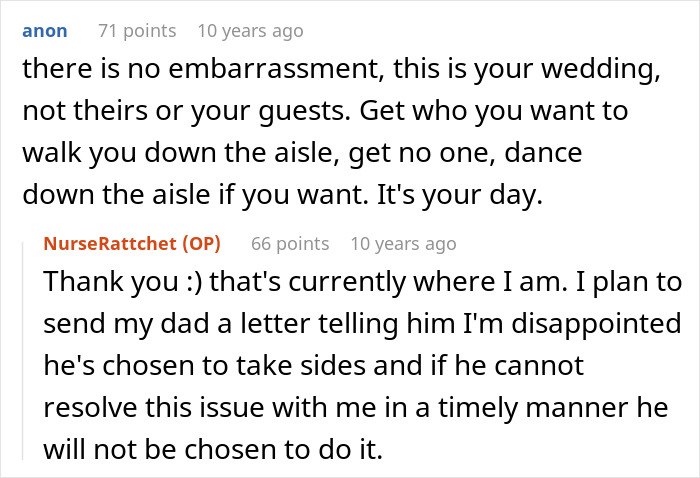 Screenshot of an online discussion about a bride asking her mom not to wear white to the wedding and facing guilt-tripping. Screenshot of an online discussion about a bride asking her mom not to wear white to the wedding and facing guilt-tripping.