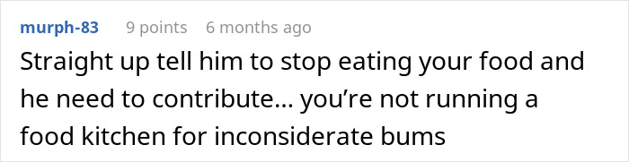 Comment about roommate calling woman stingy for not sharing homemade meals with boyfriend in an online discussion. Comment about roommate calling woman stingy for not sharing homemade meals with boyfriend in an online discussion.