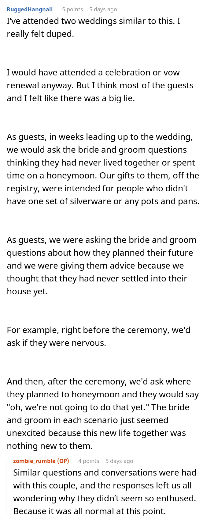 Comments discussing wedding guests shocked and confused after couple reveals they eloped three years before the big day. Comments discussing wedding guests shocked and confused after couple reveals they eloped three years before the big day.