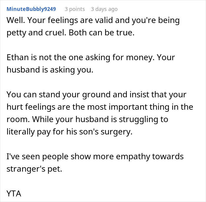 Comment discussing the response to paying for stepson’s surgery, highlighting feelings and family financial struggles. Comment discussing the response to paying for stepson’s surgery, highlighting feelings and family financial struggles.
