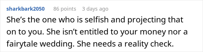 Comment on a forum discussing drama after a bride splurges her $25K savings and expects her sister to fund her wedding.