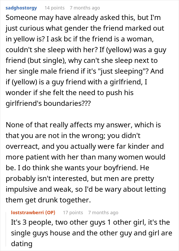 Alt text: Reddit discussion about woman upset friend&rsquo;s girlfriend not allowing them to sleep in the same bed and related relationship boundaries.