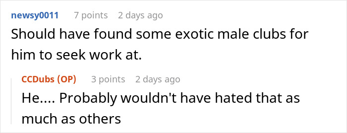 Screenshot of online comments discussing a guy blocking garage, swearing, and receiving job applications in his name.