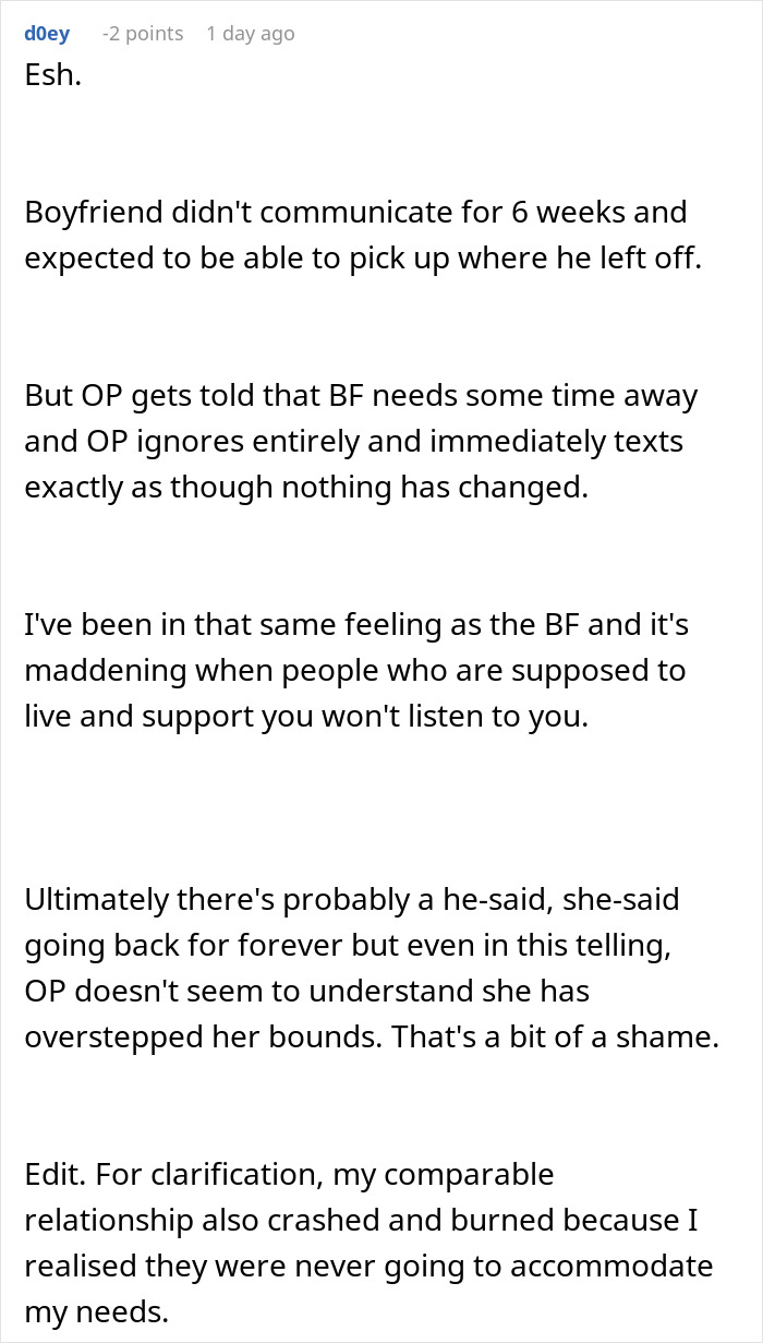 Comment discussing boyfriend disappearing for weeks and partner adopting a dog despite known allergies causing anger.