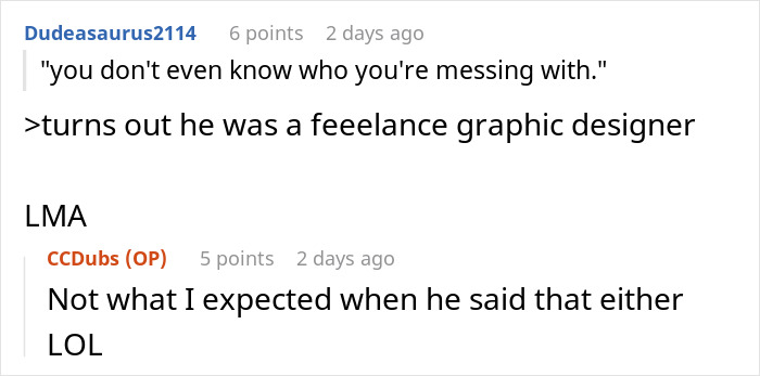 Reddit conversation about guy blocking garage, swearing at family, leading to job applications sent in his name.