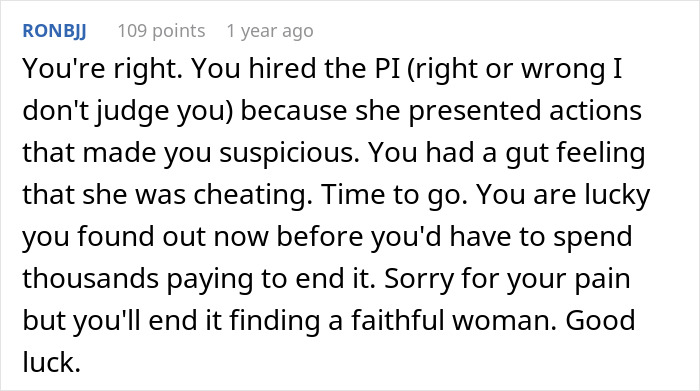 Comment discussing a man&rsquo;s reaction after hiring a PI and discovering the truth about his partner&rsquo;s actions.