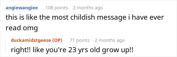 Screenshot of online discussion criticizing an immature text from an ex, highlighting drama and narcissist behavior.