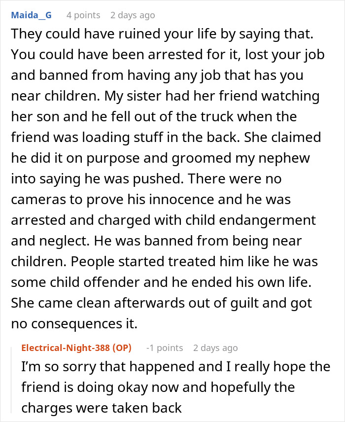 Comment discussing false accusations and family conflicts after woman refuses to watch sister following broken leg claims.