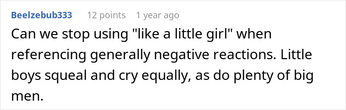 Reddit user Beelzebub333 commenting on language use, addressing negative reactions and equality in emotional expression.