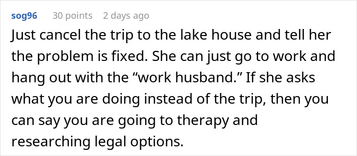 Screenshot of a forum comment discussing refusing to let wife&rsquo;s work husband join a family vacation and handling the situation.