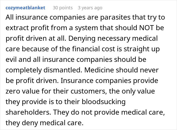 User comment criticizing insurance company for denying employee claim, highlighting lack of medical care and profit-driven motives. User comment criticizing insurance company for denying employee claim, highlighting lack of medical care and profit-driven motives.