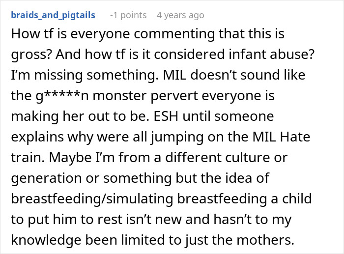 Comment discussing mother-in-law caught trying to breastfeed baby she was watching, with differing cultural views on breastfeeding.