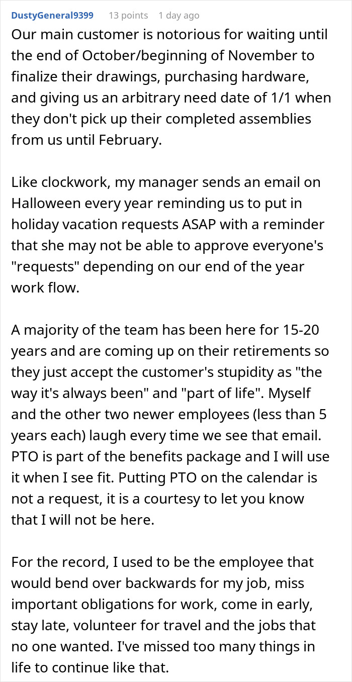 Employee uses all PTO before deadline, prioritizing personal time while project faces challenges at work.