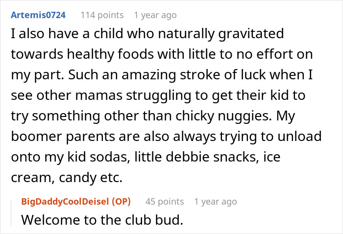 Reddit comment about boomer relatives offering kids unhealthy candies and soda, affecting healthy habits and parenting.