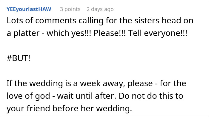 Comment urging patience before confronting the MOH who overcharged and pocketed money for the bachelorette party.