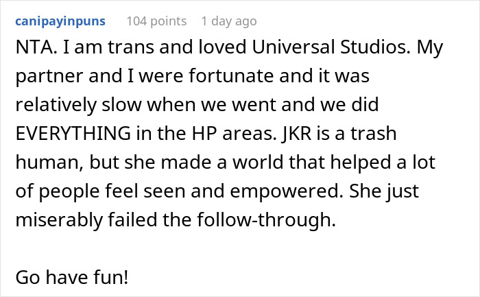 Comment discussing support for trans people visiting Harry Potter Wizarding World and addressing transphobia accusations.