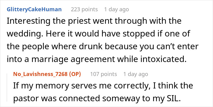Comments discussing the chaotic wedding described as sounding like a wedding on the Sims with issues around intoxication.