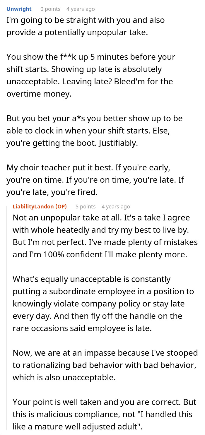 Commenters discussing the importance of punctuality and consequences of being late in a workplace schedule.