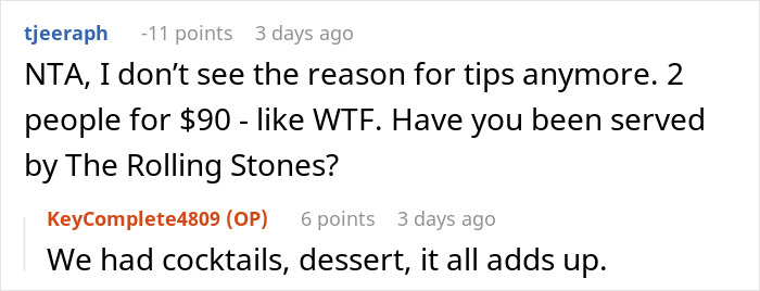 Screenshot of a social media comment discussing tipping and the value of tipping 83 cents on a restaurant bill.