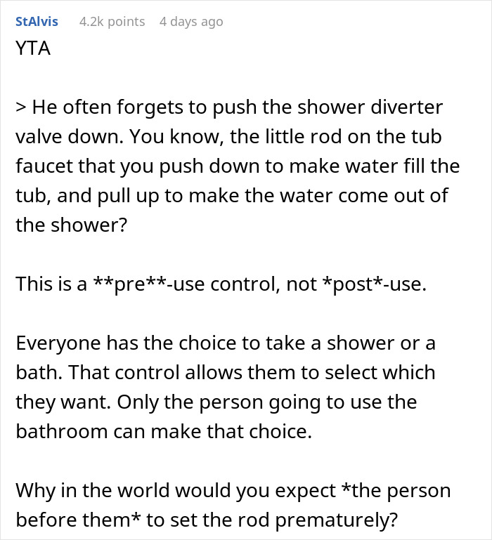 Comment explaining shower diverter valve and memory issues related to husband&rsquo;s bad memory and cold shower threat.